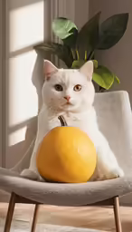 a white cat sitting on top of a gray chair