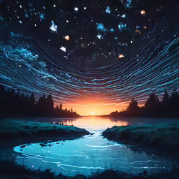a sunset over a river surrounded by lots of stars,a photo taken from the ground at night with stars