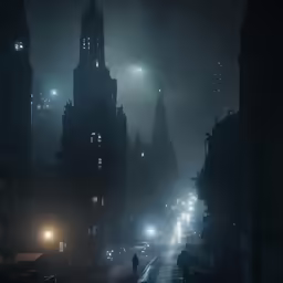 a foggy city street at night with cars on the road