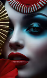 a woman with blue and red makeup holding a fan