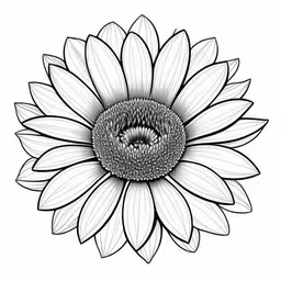 a flower that looks like an insect and has large wings,the sunflower is in line drawing and has large petals