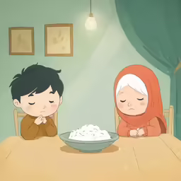 a couple sitting at a dining table, looking at a bowl of rice