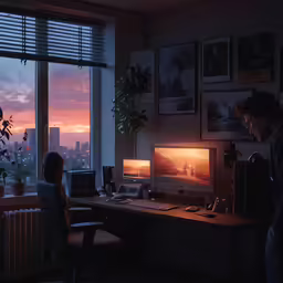 a man and woman are working at desk with sunset outside the window