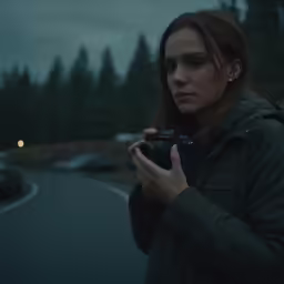 the woman is standing in front of the dark street