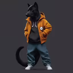 a black dog wearing a yellow jacket and blue jeans