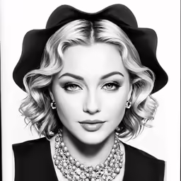 a woman wearing a hat and necklace in black