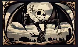 a skeleton dressed as jack skellinging from the sky
