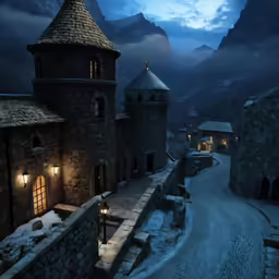 a castle with a snowy street in front of the mountains