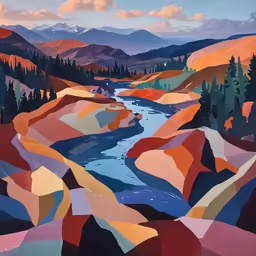 a painting of the valley with lots of trees and mountains