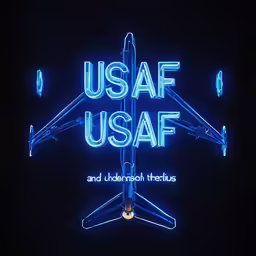 neon sign with an airplane in flight with the text usaf usaf and the u s department of veterans