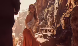a woman leaning on a cliff with no shirt on