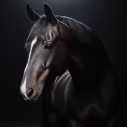 a black and brown horse standing in the dark
