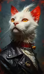 the cat is wearing a leather jacket
