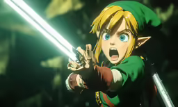 link is wielding a light saber for action