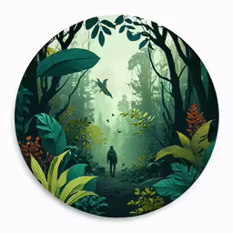 a person walking through a forest surrounded by leaves