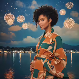 a woman standing on top of a lake with fireworks in the sky