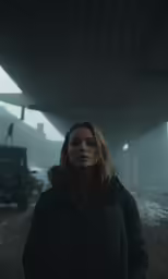 a woman standing under an overpass on a gloomy day