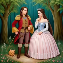 a painting of a princess and a man,a woman standing next to a man dressed up as a princess in front of a forest