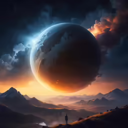 a painting of an planet with the sun behind it