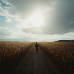 a lone man walks across a field under the sun