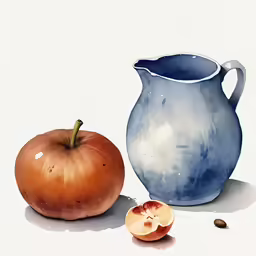 a painted image of a blue vase next to a rotten orange