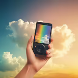 a hand holding a phone over the image of clouds