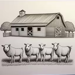 sheep in front of a barn and a silo
