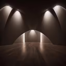 an empty room has dim lights shining in to it