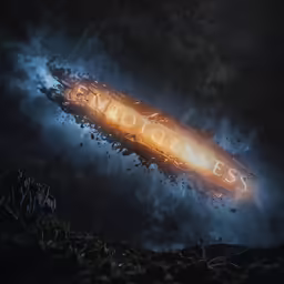 a logo designed in motion with dark clouds and fog around it