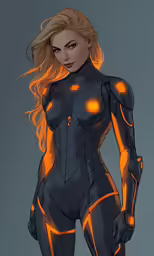 a female in black and red outfits