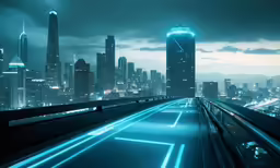 a night scene of a road leading into a city with tall buildings in the background