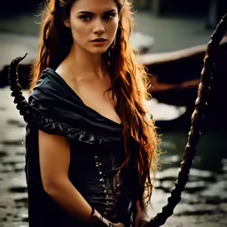 a woman in medieval costume on a boat