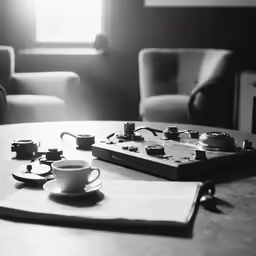 a soundboard and two cups are set on a table