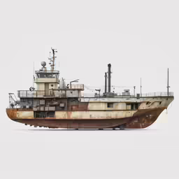 a large rusted out boat is parked on the ground