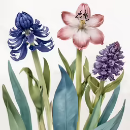 three colorful flowers with green leaves on them