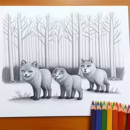 a drawing of four animals by some colored crayons