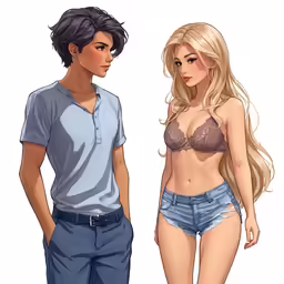 a young woman with long blond hair stands next to a man in shorts