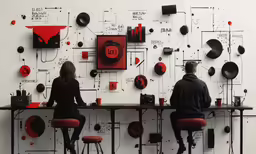 three people sitting at a bar in front of a wall