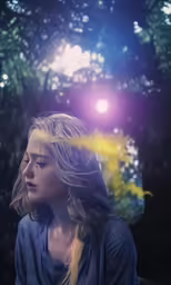 a girl sitting on the ground near trees and bushes, she has her eyes closed as if to look down at something