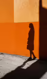 a person walking past a orange wall