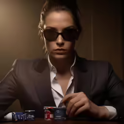 a woman in business attire sitting at a poker table with some chips