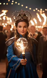 a woman holding a light bulb wearing a crown