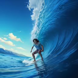 a girl riding on a surfboard through a wave