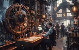 the man is working on his computer at the desk in the factory