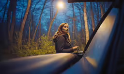 a woman sits outside beside her car looking at something