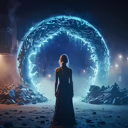 a woman standing alone in front of a circular tunnel