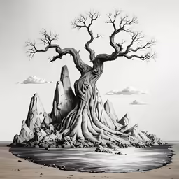 an artistic painting of a giant tree near the ocean