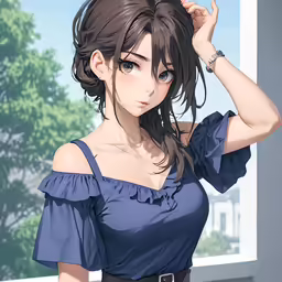 an anime girl with long brown hair and wearing a blue top