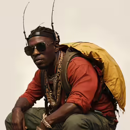 a young man sitting with a backpack on his back