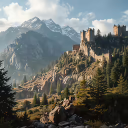 a castle is perched on a rocky hill overlooking mountains